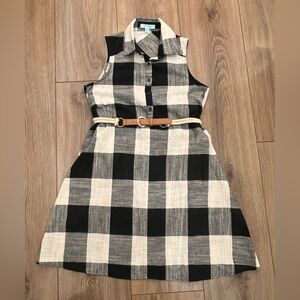 She + Sky Black and White Buffalo Plaid Sleeveless Belted Dress Cotton Small